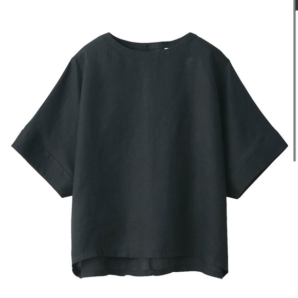 Black Muji Short Sleeve Blouse (washed hemp) - Picture 7 of 16